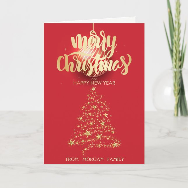 Cartes Pour Fêtes Annuelles Joyeux Noël, Gold Stars Arbre de Noël Rouge (Devant)