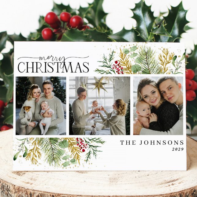 Cartes Pour Fêtes Annuelles Joyeux Noël Gold Winter Botanique Photo (Créateur téléchargé)