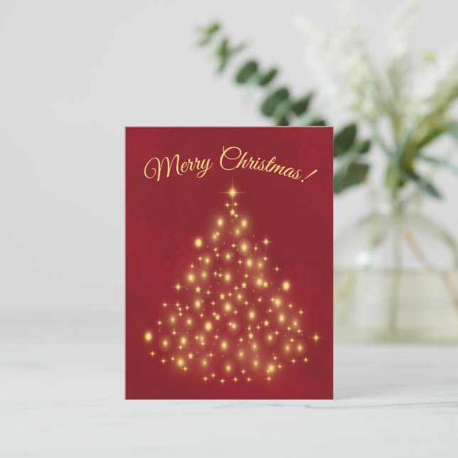 Cartes Pour Fêtes Annuelles Joyeux Noël! Golden Lights Tree sur Red Simple (Debout devant)