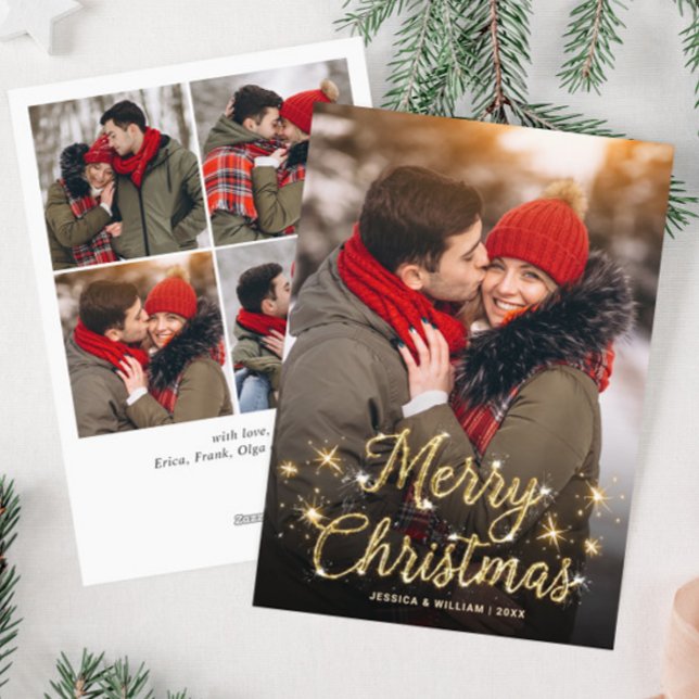 Cartes Pour Fêtes Annuelles Joyeux Noël Golden Sparkle 5 PHOTO Salutation (Créateur téléchargé)