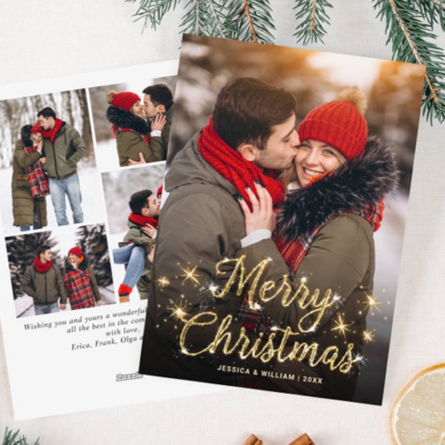 Cartes Pour Fêtes Annuelles Joyeux Noël Golden Sparkle 5 PHOTO Salutation (Créateur téléchargé)