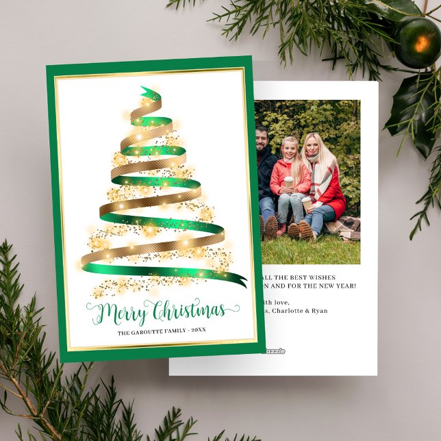Cartes Pour Fêtes Annuelles Joyeux Noël Green Gold Tree photo (Merry Christmas Green Gold Tree Photo Holiday Card)