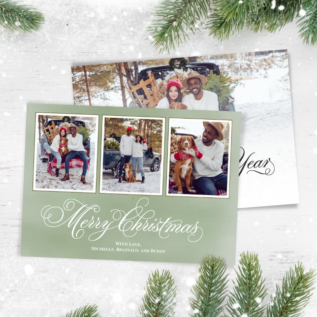Cartes Pour Fêtes Annuelles Joyeux Noël Green Script Photo Collage (Merry Christmas fancy calligraphy script vertical multi photo card. )