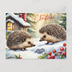 Cartes Pour Fêtes Annuelles Joyeux Noël Hérissons aquarelle dans la forêt