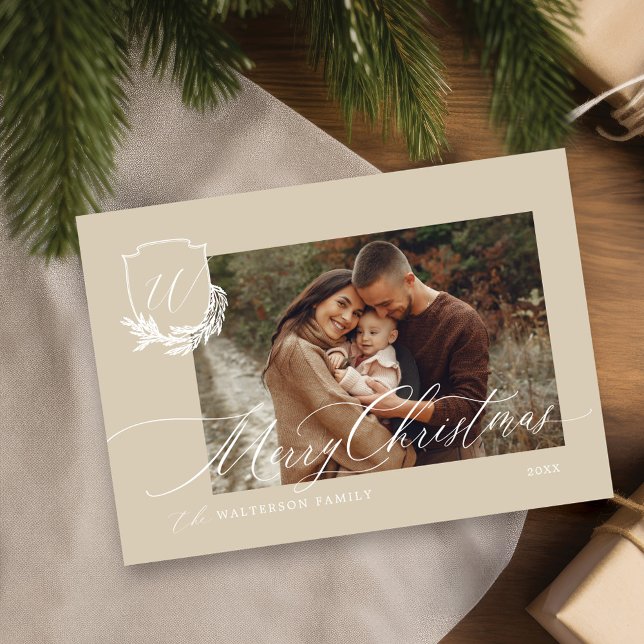 Cartes Pour Fêtes Annuelles Joyeux Noël hiver Garland Monogramme Photo (Merry Christmas Winter Garland Monogram Photo Holiday Card)