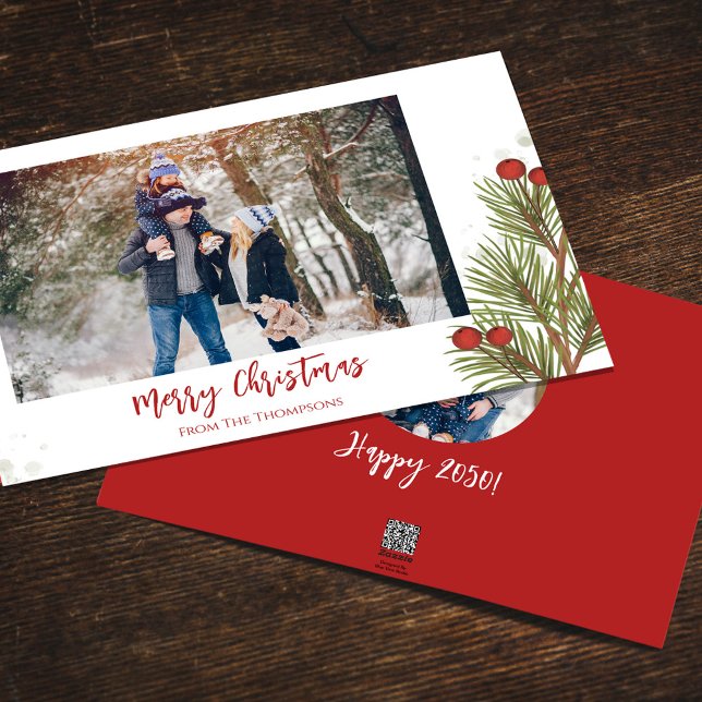 Cartes Pour Fêtes Annuelles Joyeux Noël hiver Red Holly Berries 2 Photo (Merry Christmas watercolor greenery holiday photo card with a two photo template. )