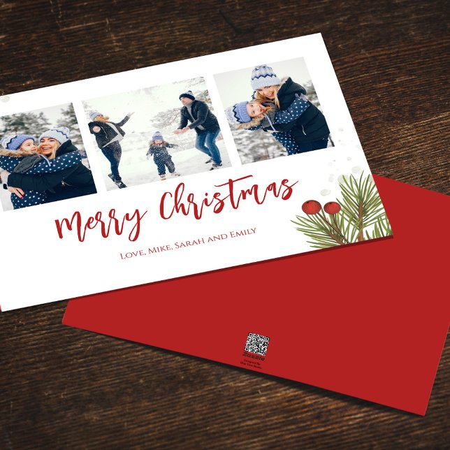 Cartes Pour Fêtes Annuelles Joyeux Noël hiver Red Holly Berries 3 Photo (Merry Christmas watercolor greenery holiday photo card with a three-photo template. )
