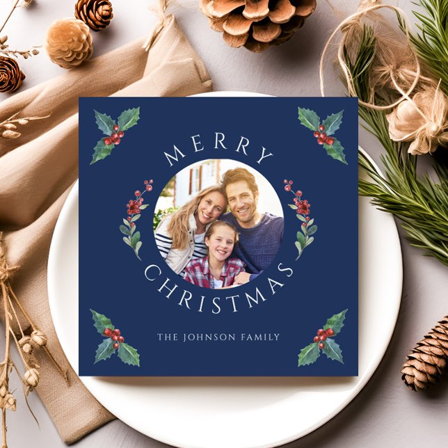 Cartes Pour Fêtes Annuelles Joyeux Noël Holly Photo botanique (Merry Christmas Holly Botanical Photo Holiday Card)