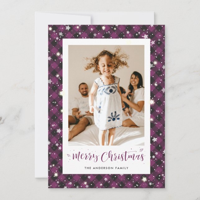 Cartes Pour Fêtes Annuelles Joyeux Noël Jolly Purple Plaid Photo (Devant)