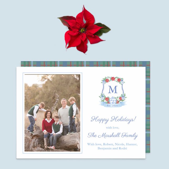 Cartes Pour Fêtes Annuelles Joyeux Noël Joyeux Gingembre Jar Rouge Poinsettia (Timeless Chinoiserie Chic Christmas Card design in blue white & red with coordinating plaid reverse.)
