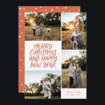 Cartes Pour Fêtes Annuelles Joyeux Noël Joyeux Nouvel An 4 Photo Collage Rouge<br><div class="desc">Cette élégante carte de vacances 4-Photo présente des salutations de style manuscrit et un collage photo. Le verso est doté d'un motif à points flottants. Toutes les couleurs sont personnalisables.</div>
