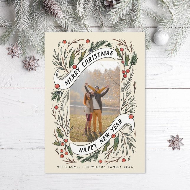 Cartes Pour Fêtes Annuelles Joyeux Noël Joyeux Nouvel An Pine Holly Photo (Créateur téléchargé)