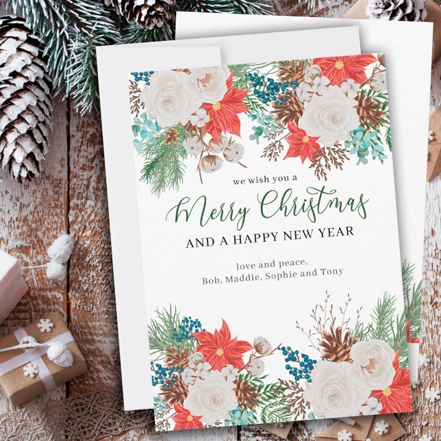 Cartes Pour Fêtes Annuelles Joyeux Noël Joyeux Nouvel An Poinsettia et pin (Créateur téléchargé)
