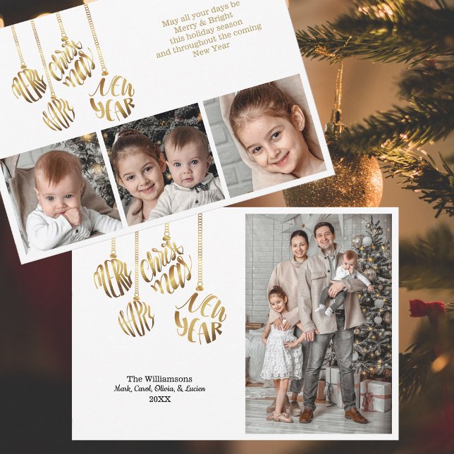 Cartes Pour Fêtes Annuelles Joyeux Noël Joyeux Nouvel An Quatre Photo Gold (Faux gold foil typography ornaments - personalized with four photos and your signature.  )