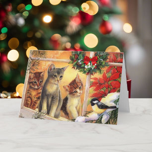 Cartes Pour Fêtes Annuelles Joyeux Noël Kitty Chats Observation d'oiseaux Paix
