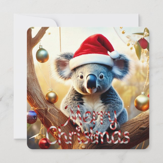 Cartes Pour Fêtes Annuelles Joyeux Noël Koala Santa hat Gumtree Baubles (Devant)