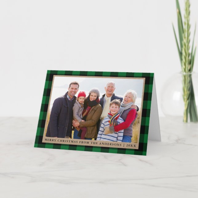 Cartes Pour Fêtes Annuelles Joyeux Noël Kraft Green Tartan Photo Plier (Devant)