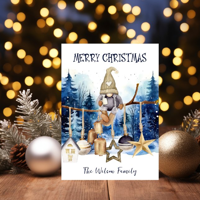 Cartes Pour Fêtes Annuelles Joyeux Noël Lady Gnome sur la forêt bleue (Créateur téléchargé)