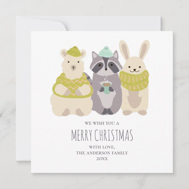 Cartes Pour Fêtes Annuelles Joyeux Noël. Lama d'hiver, raton laveur, lapin (Devant)