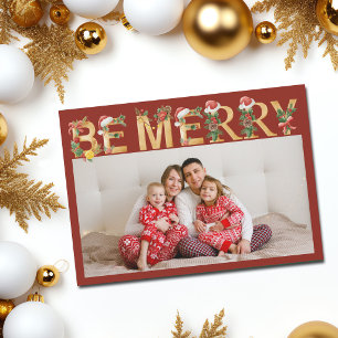Cartes Pour Fêtes Annuelles Joyeux Noël lettres rouges et or Famille Photo