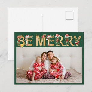 Cartes Pour Fêtes Annuelles Joyeux Noël lettres vertes et or famille photo