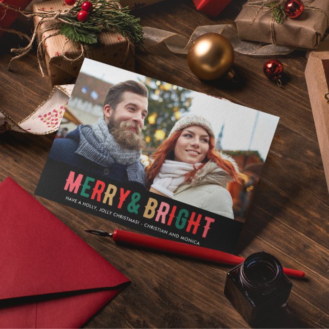 Cartes Pour Fêtes Annuelles Joyeux Noël Lumineux Photo Plaid Couple (Créateur téléchargé)