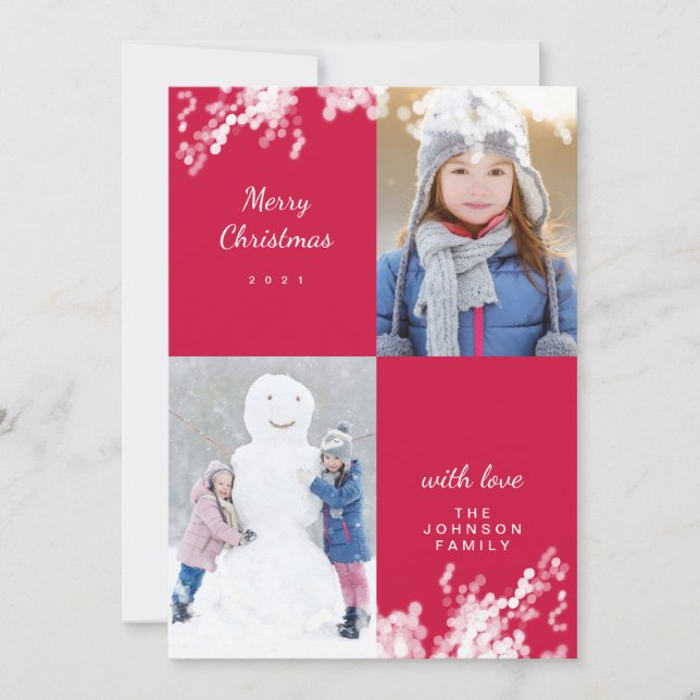 Cartes Pour Fêtes Annuelles Joyeux Noël Magenta Snowy Minimal Photo de famille (Devant)