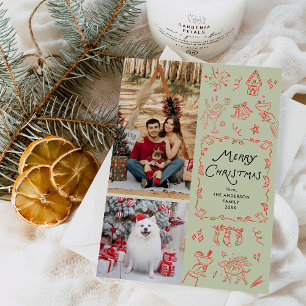 Cartes Pour Fêtes Annuelles Joyeux Noël Main Tirée Icônes Rouge Vert 2 Photo