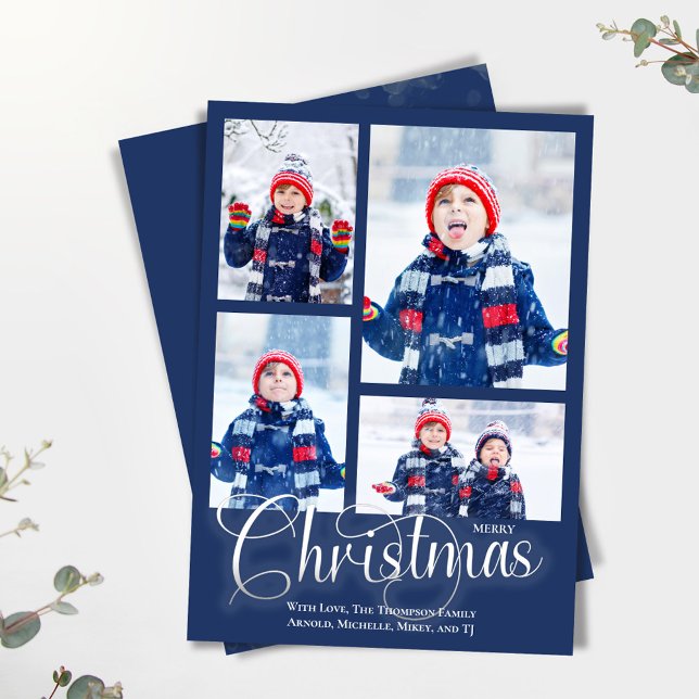 Cartes Pour Fêtes Annuelles Joyeux Noël Marine Photo Collage Bleu (Navy blue Christmas holiday photo card)