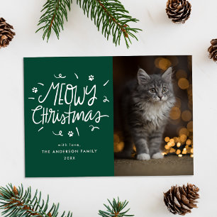 Cartes Pour Fêtes Annuelles Joyeux Noël Méow Fantaisiste Photo de Chat Vert