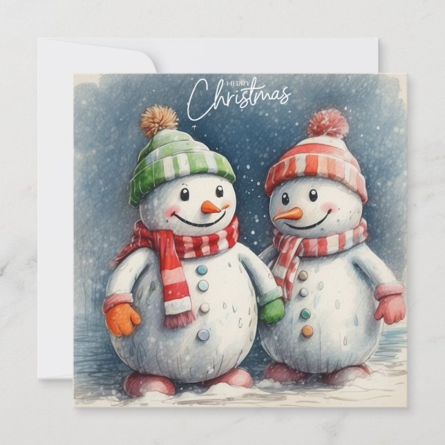 Cartes Pour Fêtes Annuelles Joyeux Noël mignon Aquarelle Snowmen (Devant)