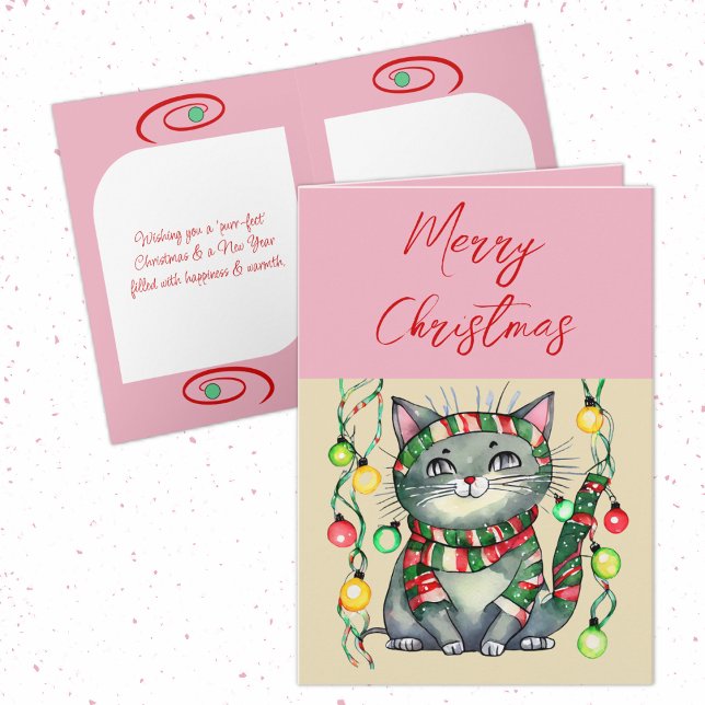Cartes Pour Fêtes Annuelles Joyeux Noël mignon chat souriant baubles rose (Créateur téléchargé)