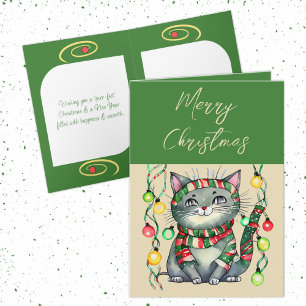 Cartes Pour Fêtes Annuelles Joyeux Noël mignon chat souriant baubles vert