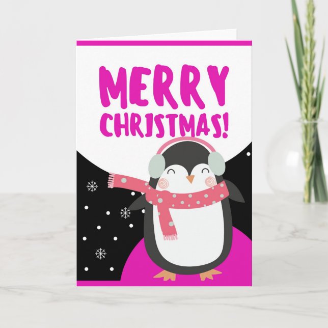 Cartes Pour Fêtes Annuelles Joyeux Noël mignon Dessin de Pingouin (Devant)