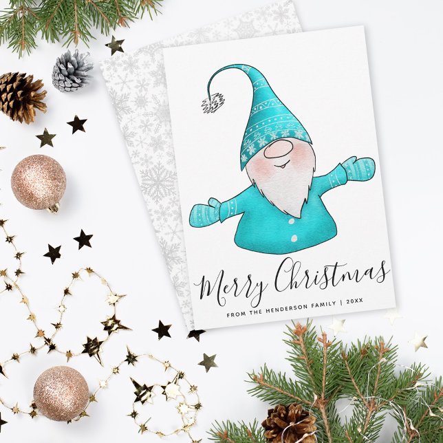 Cartes Pour Fêtes Annuelles Joyeux Noël mignon Gnome Blanc Turquoise bleu mode (Créateur téléchargé)