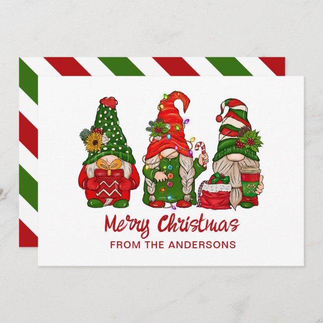 Cartes Pour Fêtes Annuelles Joyeux Noël mignon Gnomes Rouge Et Vert (Devant / Derrière)