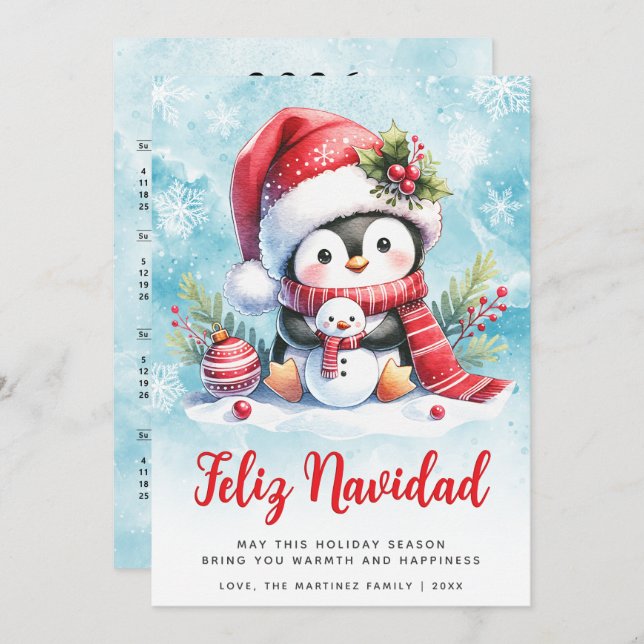 Cartes Pour Fêtes Annuelles Joyeux Noël Mignon Manchot Espagnol Noël (Devant / Derrière)