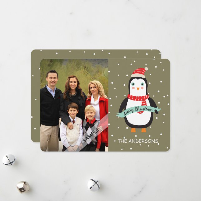 Cartes Pour Fêtes Annuelles Joyeux Noël mignon Penquin Photo personnalisée (Devant/Arrière en situation)