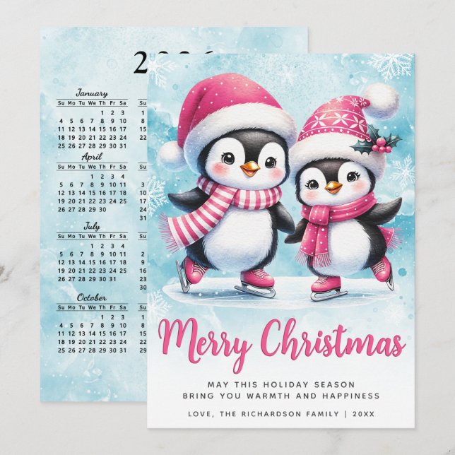 Cartes Pour Fêtes Annuelles Joyeux Noël mignon Pingouin Patinage sur glace Ble (Devant / Derrière)