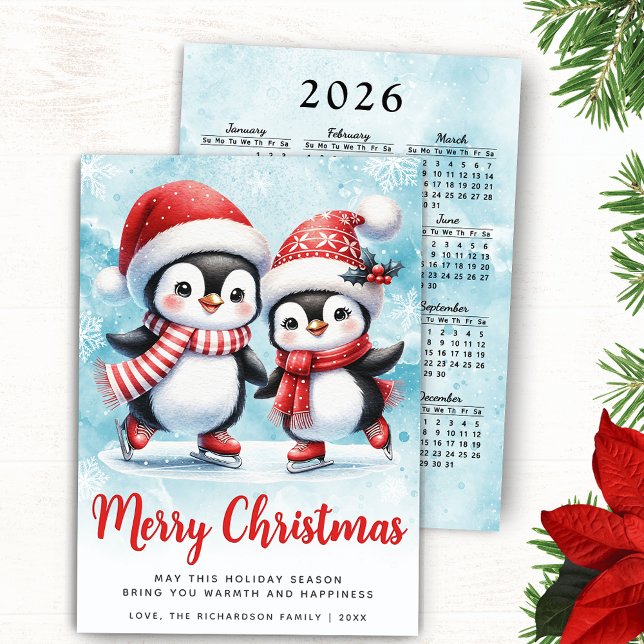 Cartes Pour Fêtes Annuelles Joyeux Noël mignon Pingouin Patinage sur glace Rou (Merry Christmas Holiday Card with Cute Penguins Ice Skaters and 2026 Calendar, Red and Blue Design)