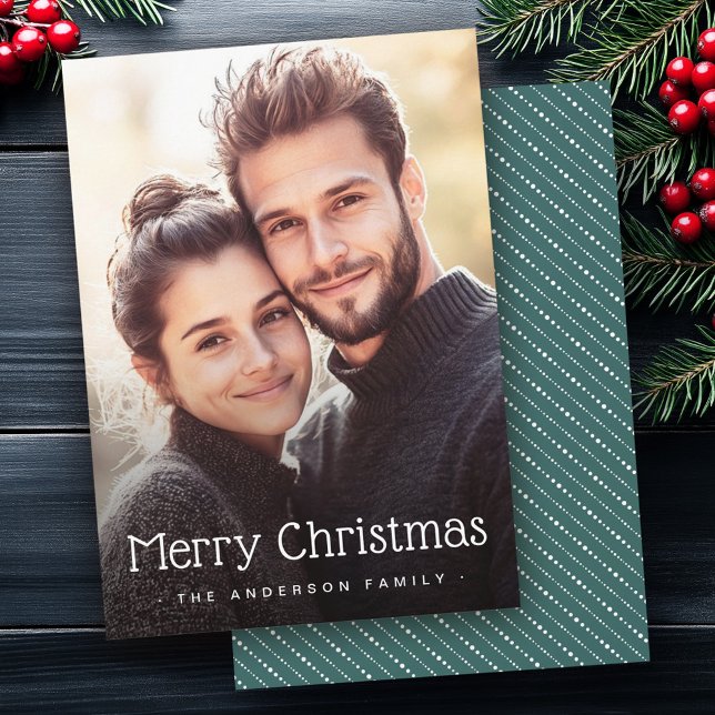 Cartes Pour Fêtes Annuelles Joyeux Noël mignon rayures pointillées photo verte (Merry Christmas cute dotted stripes green photo Holiday Card)