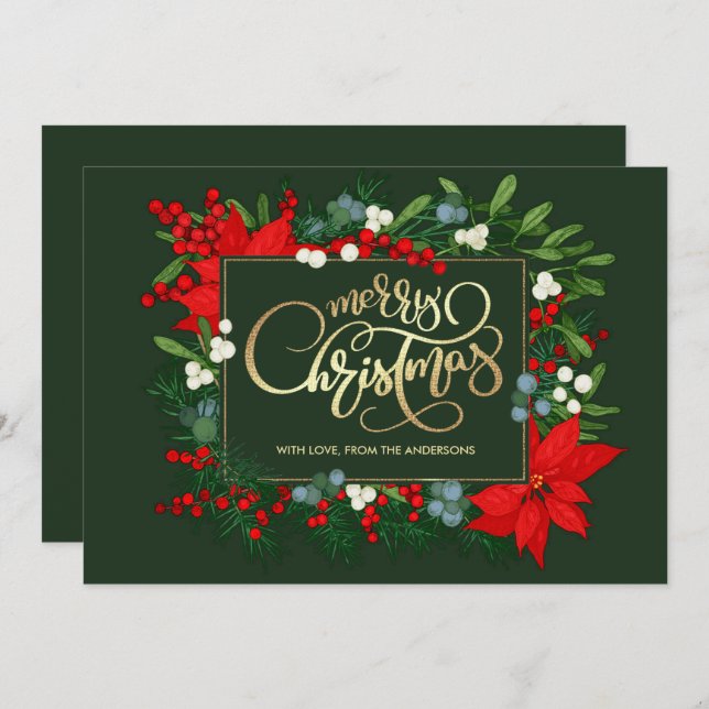 Cartes Pour Fêtes Annuelles Joyeux Noël. Mistletoe dessinée à la main, Poinset (Devant / Derrière)