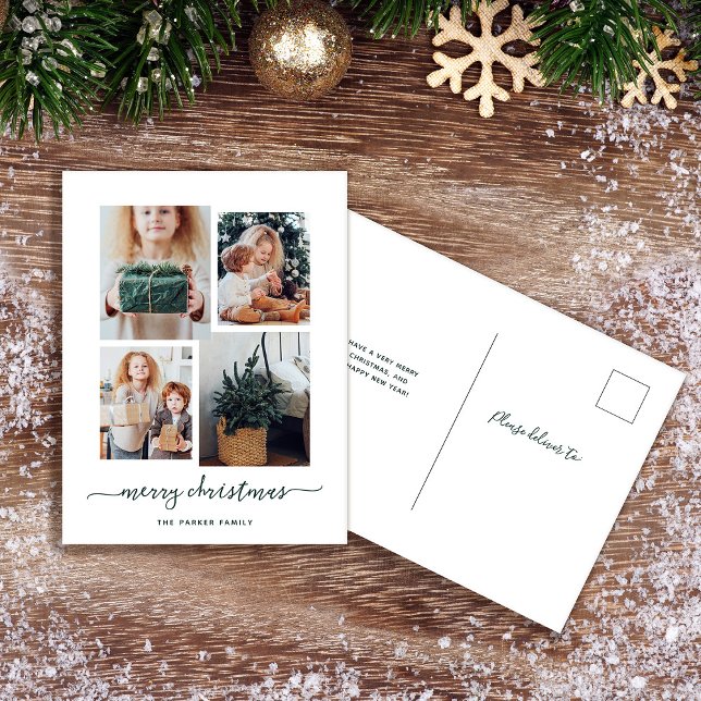 Cartes Pour Fêtes Annuelles Joyeux Noël | Modern Four Photo Collage (A simple and stylish holiday postcard with a four photo collage and trendy script)
