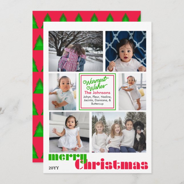 Cartes Pour Fêtes Annuelles joyeux Noël moderne 6 photo Rouge et vert (Devant / Derrière)