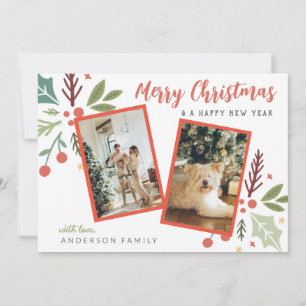 Cartes Pour Fêtes Annuelles Joyeux Noël moderne Berry Foliing Deux photos