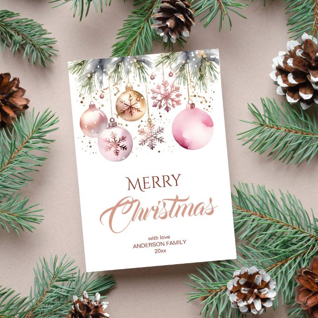 Cartes Pour Fêtes Annuelles Joyeux Noël moderne boho aquarelle métallique (Merry Christmas holiday greeting card template digital template rose gold metallic baubles pines)
