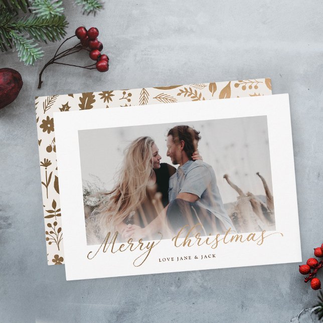 Cartes Pour Fêtes Annuelles Joyeux Noël moderne Boho Script Photo (simple modern gold script botanical pattern one photo holiday merry Christmas card
)