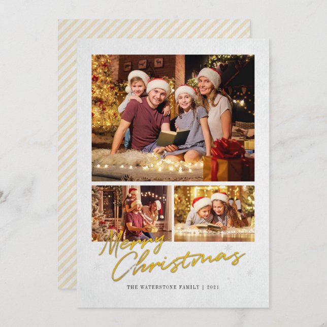 Cartes Pour Fêtes Annuelles Joyeux Noël moderne Famille Faux Gold Photo (Devant / Derrière)