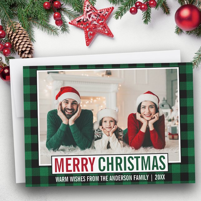 Cartes Pour Fêtes Annuelles Joyeux Noël moderne Famille Photo Vert Plaid (Customize to add text to back of card.)