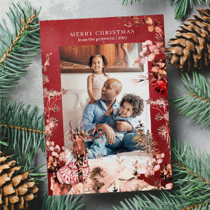 Cartes Pour Fêtes Annuelles Joyeux Noël moderne floral et photo de rennes